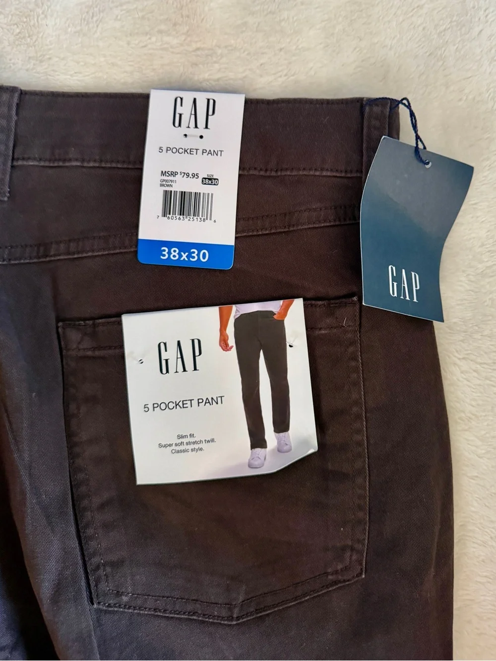 NEW Gap Men's 5 Pocket Pant Slim Fit Brown Stretch Twill Size 38x30 NWT